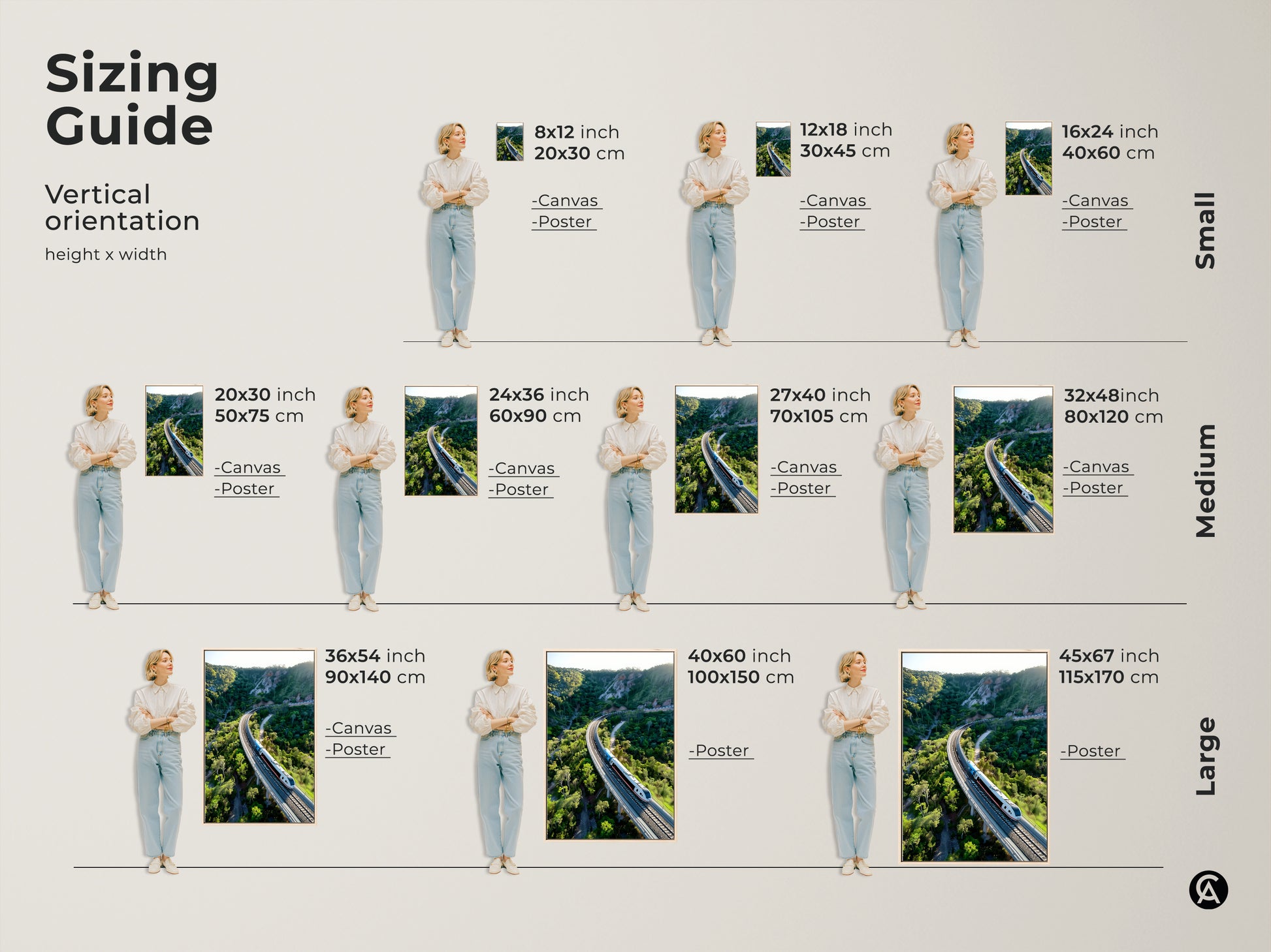 Visualize the perfect size for your aerial train canvas print. This sizing guide helps you choose from small to large vertical orientations. Envision this green mountain landscape art in your space. Select the ideal canvas or poster size to enhance your home decor. Perfect for any room from entry hall to office.