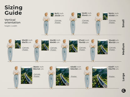 Visualize the perfect size for your aerial train canvas print. This sizing guide helps you choose from small to large vertical orientations. Envision this green mountain landscape art in your space. Select the ideal canvas or poster size to enhance your home decor. Perfect for any room from entry hall to office.