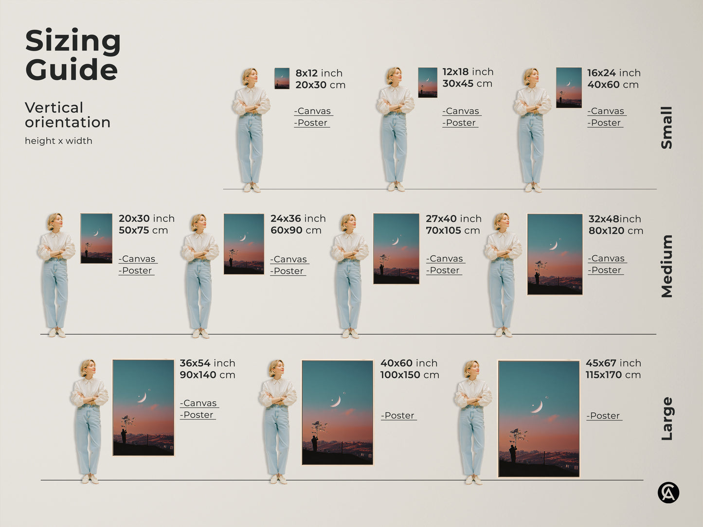 Sizing guide for vertical surreal space artwork. Available in small medium and large sizes. Options include canvas and poster prints. Find the perfect fit for your space. This dreamy moon canvas art enhances any room. The celestial landscape wall decor adds wonder.