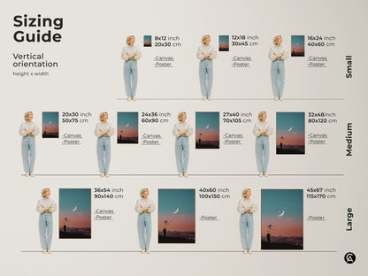Sizing guide for vertical surreal space artwork. Available in small medium and large sizes. Options include canvas and poster prints. Find the perfect fit for your space. This dreamy moon canvas art enhances any room. The celestial landscape wall decor adds wonder.