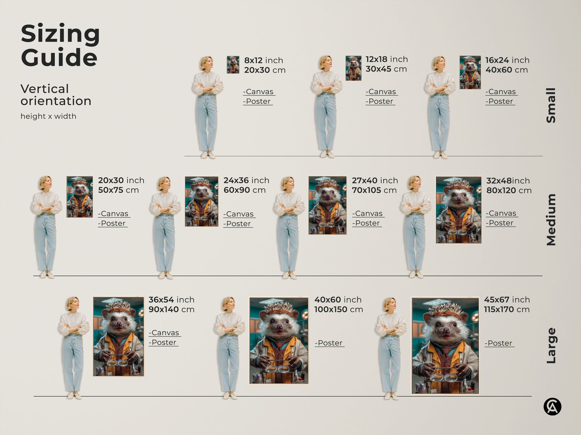 Sizing guide featuring Science Hedgehog Canvas Art. See how the animal doctor art looks in a range of sizes. The tan & teal eclectic wall decor is a perfect gift for veterinarians. The eclectic animal artwork blends playful surreal style with scientific themes and will brighten any room.
