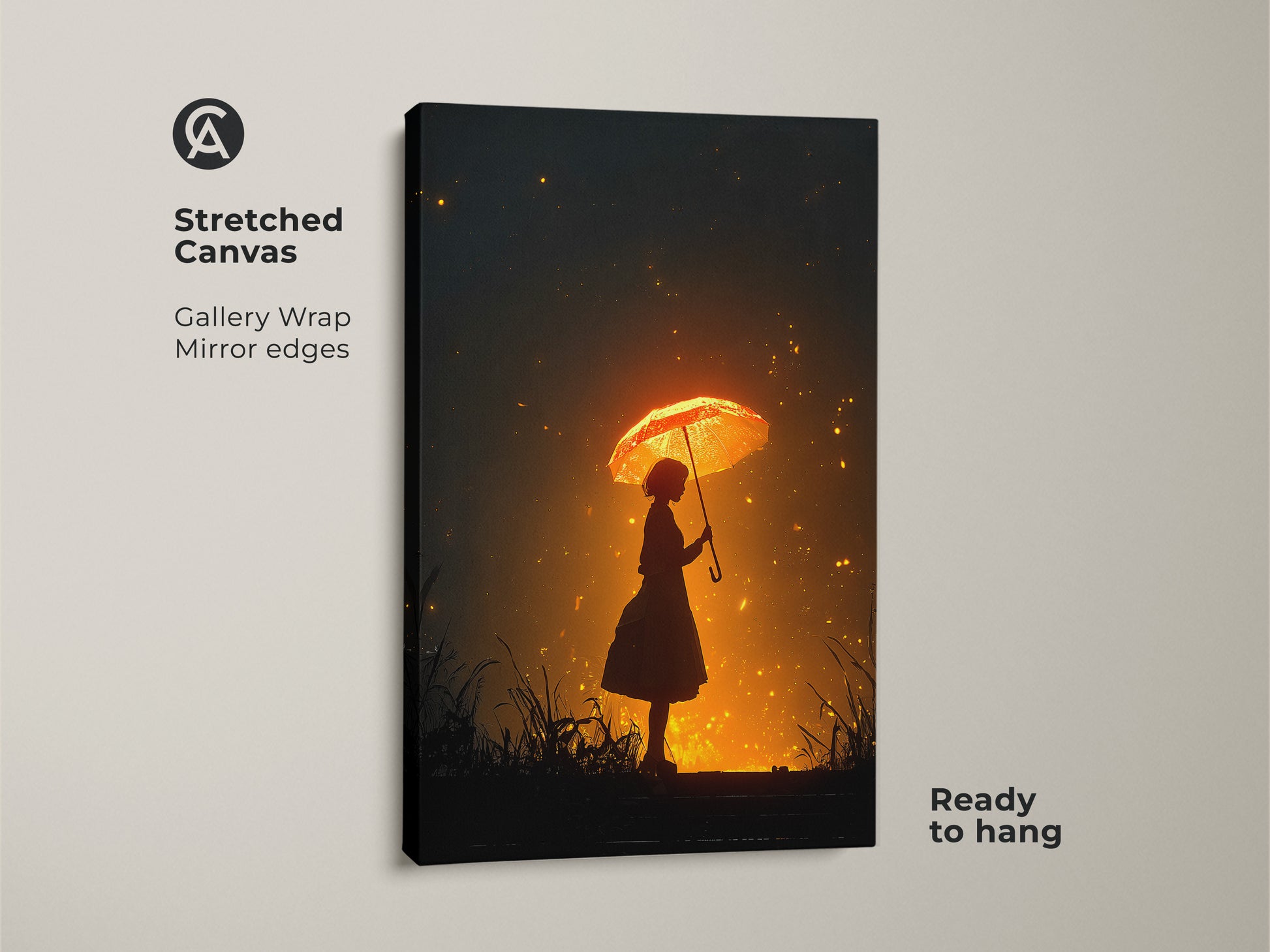 Stretched canvas print of a girl holding a golden umbrella. Gallery wrapped with mirrored edges. Ready to hang. Dark gray background with sparkling light effects. Ideal for boho chic bedroom decor. A dreamy fantasy wall art piece.