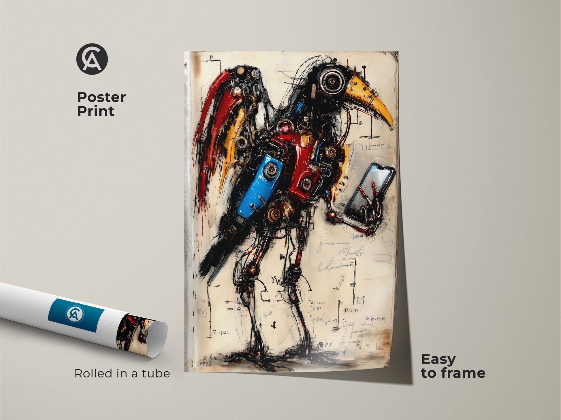 Poster print of steampunk crow art. It displays a mechanical bird on phone artwork. This wall decor makes a unique fantasy artwork. A great birthday gift for him or a tech enthusiast. This modern surrealist print has abstract mechanical art.