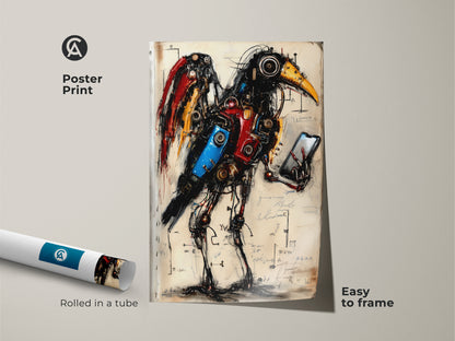 Poster print of steampunk crow art. It displays a mechanical bird on phone artwork. This wall decor makes a unique fantasy artwork. A great birthday gift for him or a tech enthusiast. This modern surrealist print has abstract mechanical art.
