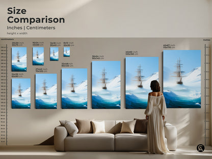 Compare sizes to find your ideal ocean adventure canvas print. Sizes range from small to large showcasing this tall ship in iceberg sea. See how this deep blue nautical art transforms your living space. This artwork serves as a stunning focal point perfect as a maritime gift for any nautical art lover.