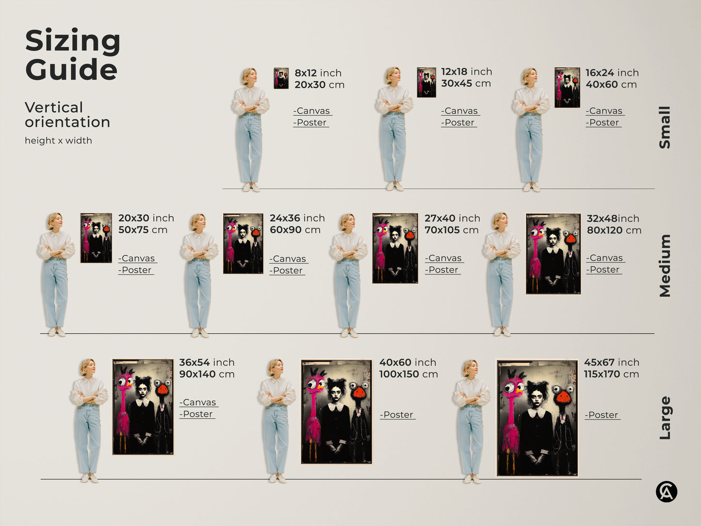 Sizing guide for vertical orientation surreal wall art. It features a pink flamingo and ostrich character. Sizes range from small to large. This artwork is perfect for adding a unique touch to a bedroom. The black white and pink color palette creates a striking visual impact for art enthusiasts.