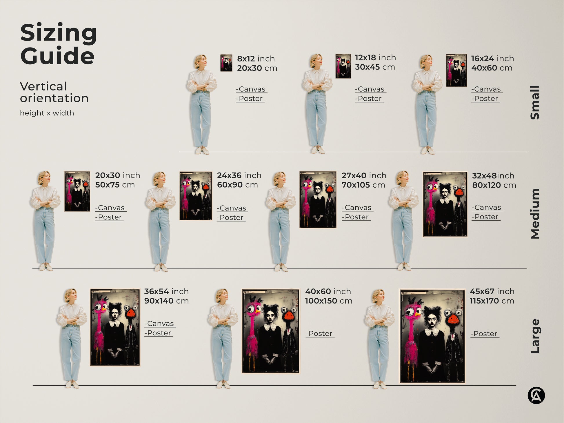Sizing guide for vertical orientation surreal wall art. It features a pink flamingo and ostrich character. Sizes range from small to large. This artwork is perfect for adding a unique touch to a bedroom. The black white and pink color palette creates a striking visual impact for art enthusiasts.
