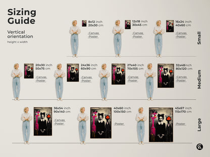 Sizing guide for vertical orientation surreal wall art. It features a pink flamingo and ostrich character. Sizes range from small to large. This artwork is perfect for adding a unique touch to a bedroom. The black white and pink color palette creates a striking visual impact for art enthusiasts.
