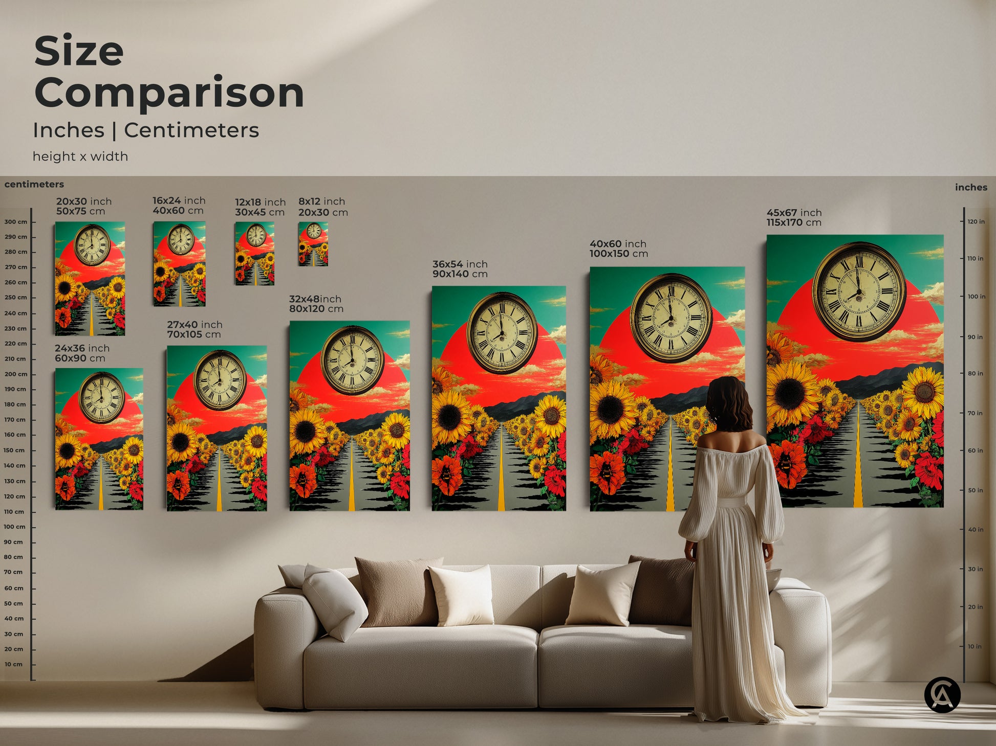 Size comparison of the inches and centimeters. Various sizes of the surreal sunflower road art piece. A model and couch show the scale. Choose the ideal size for your eclectic wall decor of this vintage nature clock artwork.