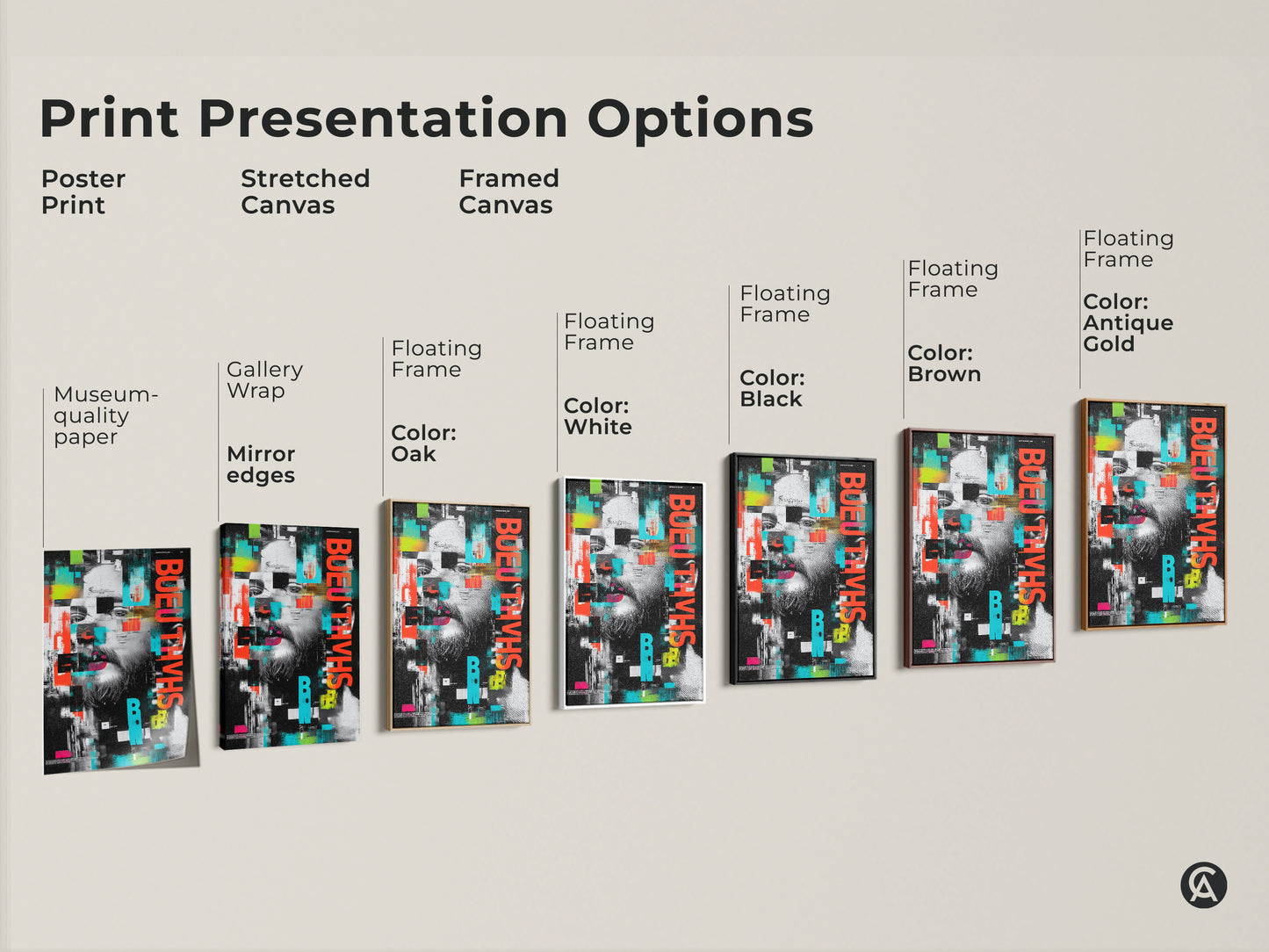 Print presentation options for abstract glitch art. Poster print stretched canvas and framed canvas. Features gallery wrap mirror edges. Floating frames available in white oak black brown and antique gold. Urban man face wall art.