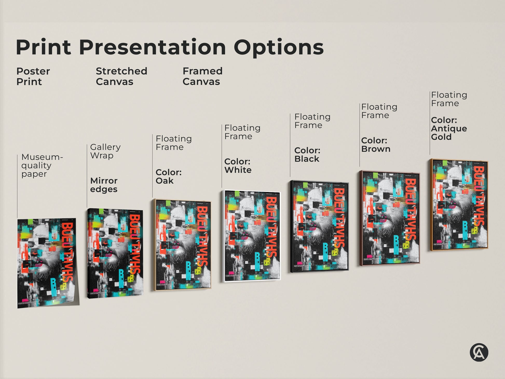 Print presentation options for abstract glitch art. Poster print stretched canvas and framed canvas. Features gallery wrap mirror edges. Floating frames available in white oak black brown and antique gold. Urban man face wall art.