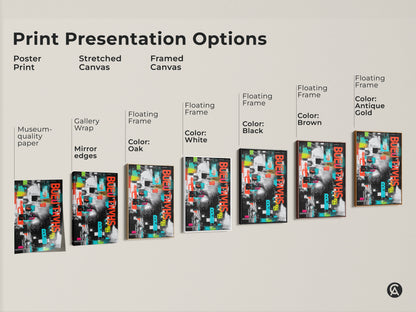 Print presentation options for abstract glitch art. Poster print stretched canvas and framed canvas. Features gallery wrap mirror edges. Floating frames available in white oak black brown and antique gold. Urban man face wall art.