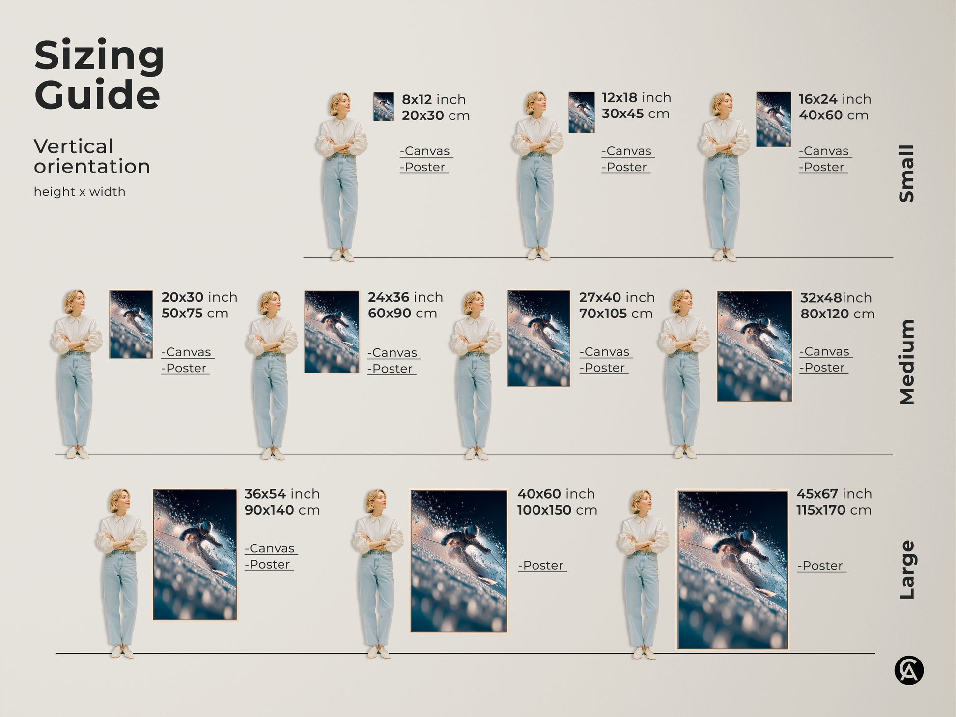 Sizing guide for vertical skier artwork. Available in sizes from 8x12 to 45x67 inches. Choose from canvas or poster prints. Find the ideal size to complement your room decor.