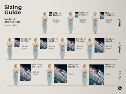 Sizing guide for vertical skier artwork. Available in sizes from 8x12 to 45x67 inches. Choose from canvas or poster prints. Find the ideal size to complement your room decor.