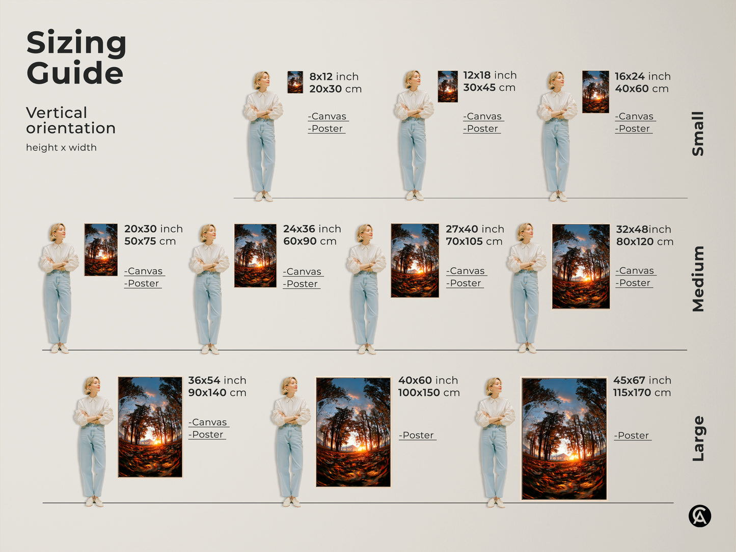 Sizing guide for vertical orientation artwork. Available in small medium and large sizes. Options include canvas and poster prints. Find the perfect size to fit your space. Enhance your home decor with this artwork.