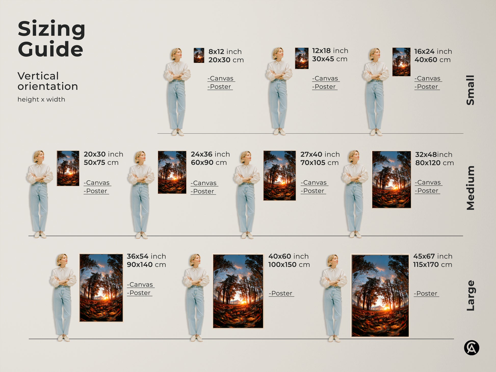 Sizing guide for vertical orientation artwork. Available in small medium and large sizes. Options include canvas and poster prints. Find the perfect size to fit your space. Enhance your home decor with this artwork.