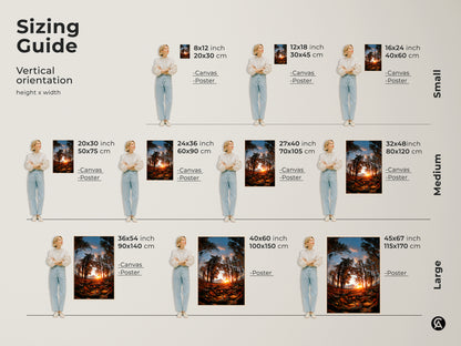 Sizing guide for vertical orientation artwork. Available in small medium and large sizes. Options include canvas and poster prints. Find the perfect size to fit your space. Enhance your home decor with this artwork.
