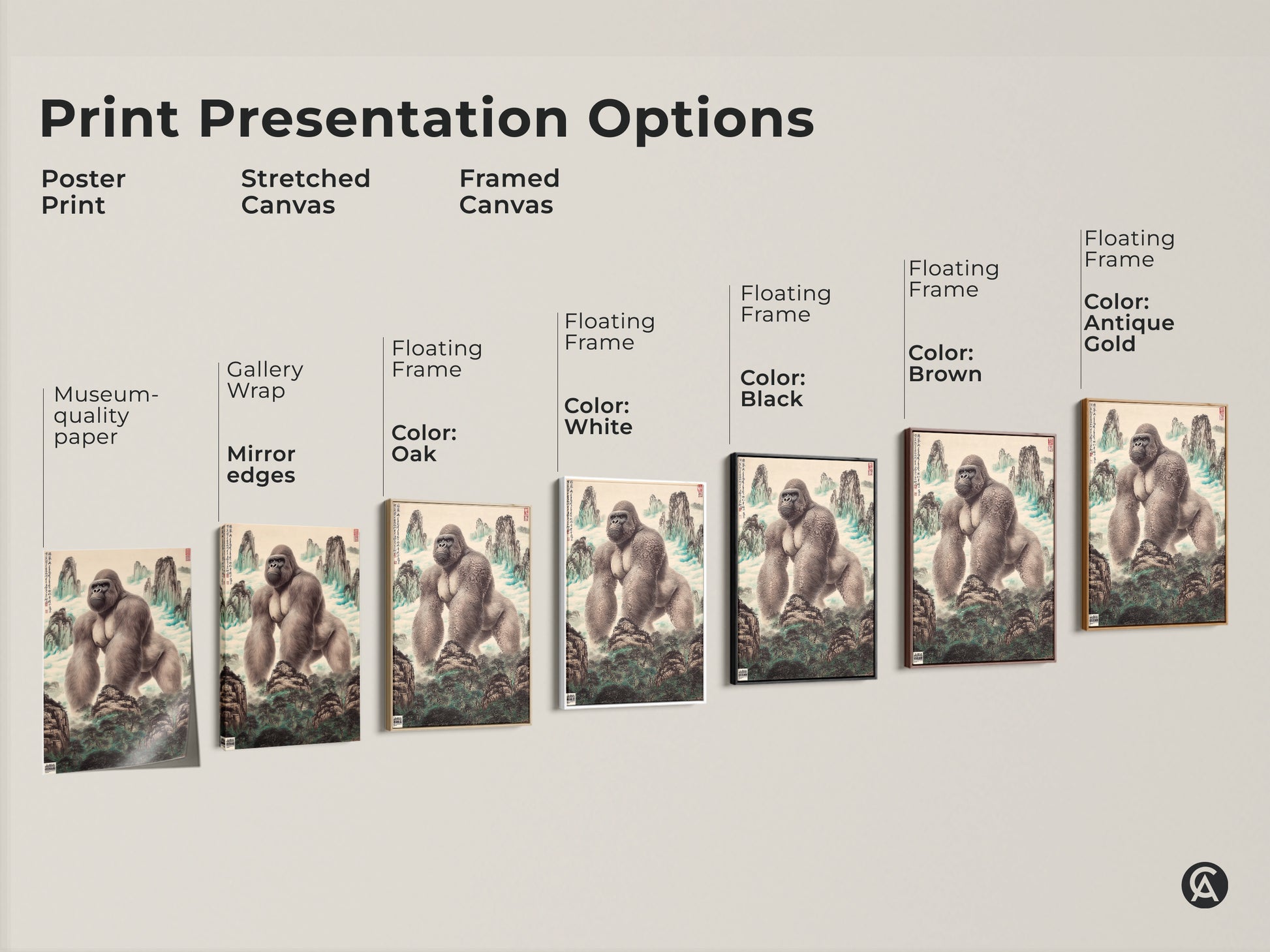 Explore print presentation options for Chinese gorilla landscape art. Choose from poster print stretched canvas or framed canvas. Each option brings the animal wall decor and nature inspired print to life. Options include gallery wrap floating frames and museum quality paper. Perfect for eclectic home decor and unique statement art.