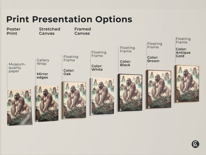Explore print presentation options for Chinese gorilla landscape art. Choose from poster print stretched canvas or framed canvas. Each option brings the animal wall decor and nature inspired print to life. Options include gallery wrap floating frames and museum quality paper. Perfect for eclectic home decor and unique statement art.
