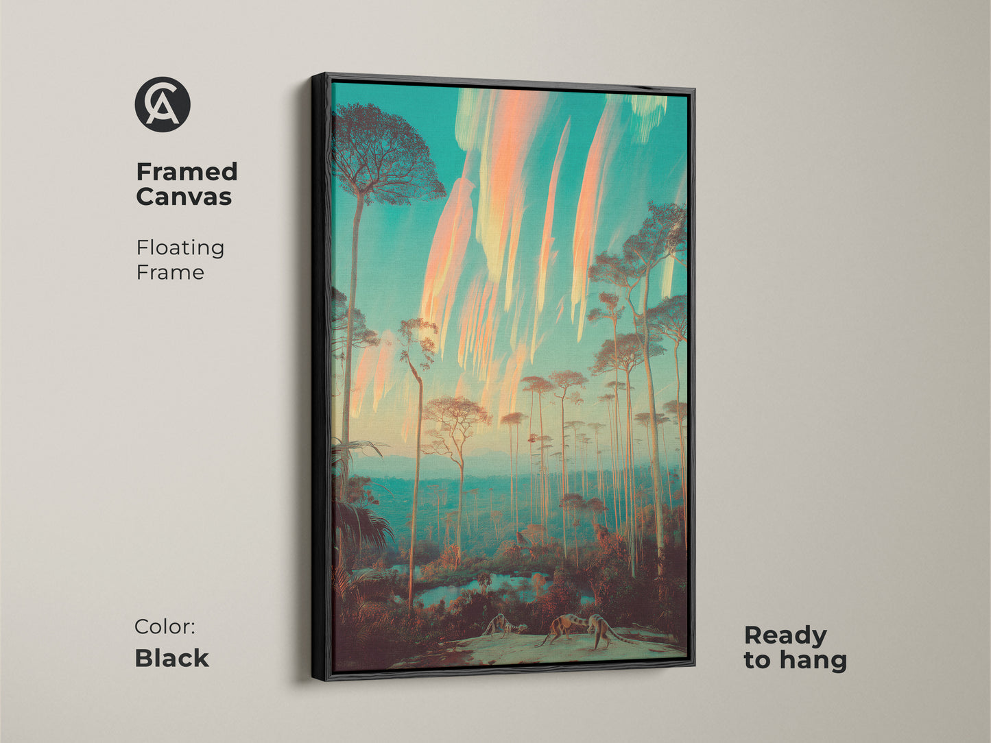 Framed in black this surreal forest canvas art brings an eclectic aesthetic to your home. The tall slender trees are set against a teal and orange sky. This dreamlike nature art is ready to hang adding a unique touch to your bedroom. The nature-inspired artwork complements a bohemian style.