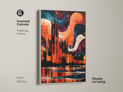 Framed Canvas presenting an Abstract Gothic Cathedral wall artwork in a floating white frame. This piece offers an eclectic modern home decor. Admire the orange and blue swirls in this artistic architectural print ready to hang.