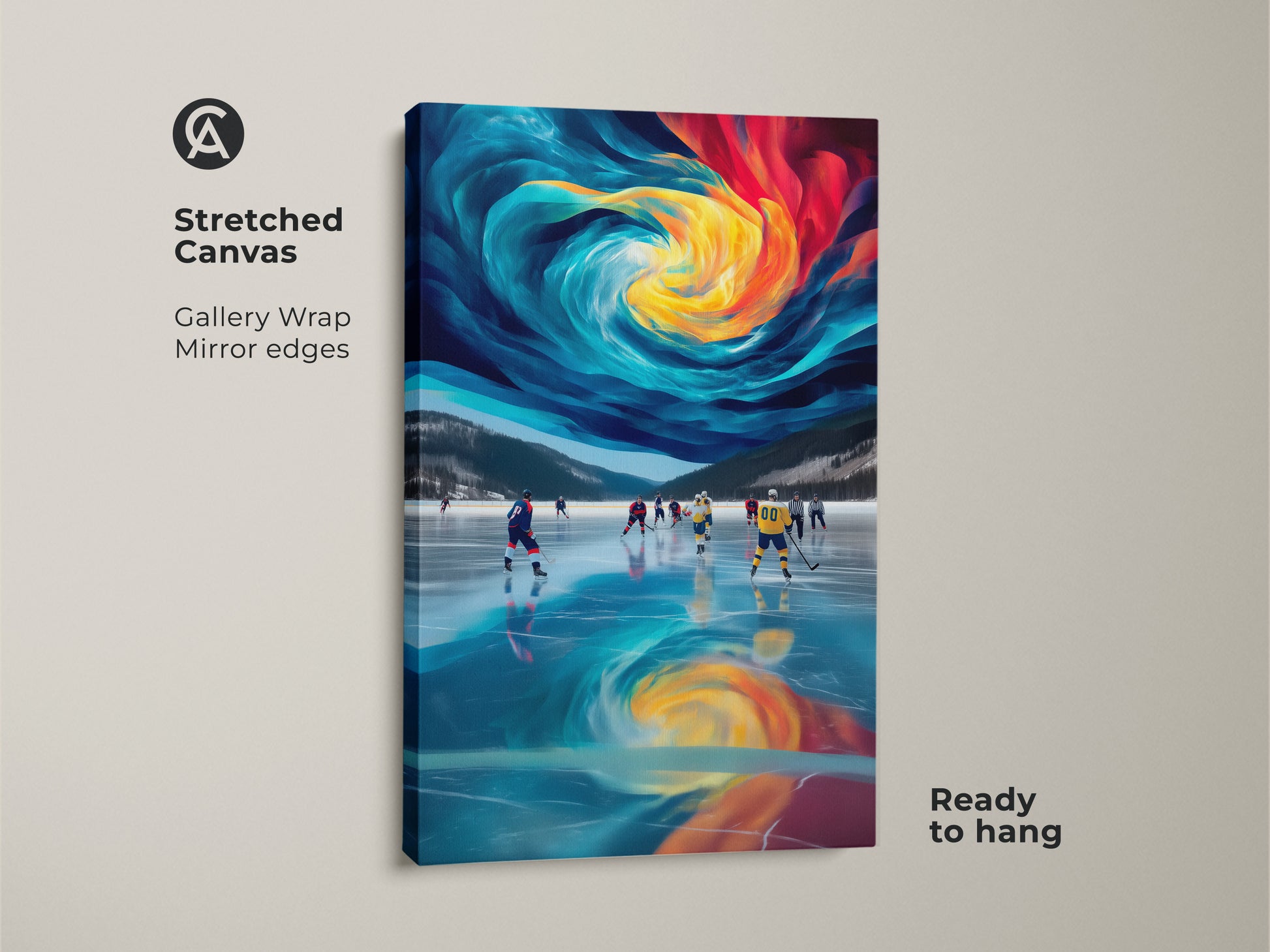Stretched canvas showcasing abstract hockey art. Gallery wrapped with mirrored edges creates a modern aesthetic. The dynamic blue yellow teal colors enhance the ice rink scene. This sports wall art is ready to hang. It adds energy to any room. This is ideal for an office gym or living area. It is a unique gift for sports fans and hockey lovers.
