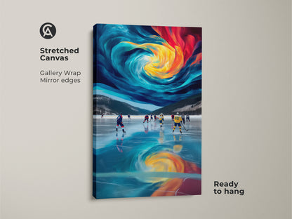 Stretched canvas showcasing abstract hockey art. Gallery wrapped with mirrored edges creates a modern aesthetic. The dynamic blue yellow teal colors enhance the ice rink scene. This sports wall art is ready to hang. It adds energy to any room. This is ideal for an office gym or living area. It is a unique gift for sports fans and hockey lovers.