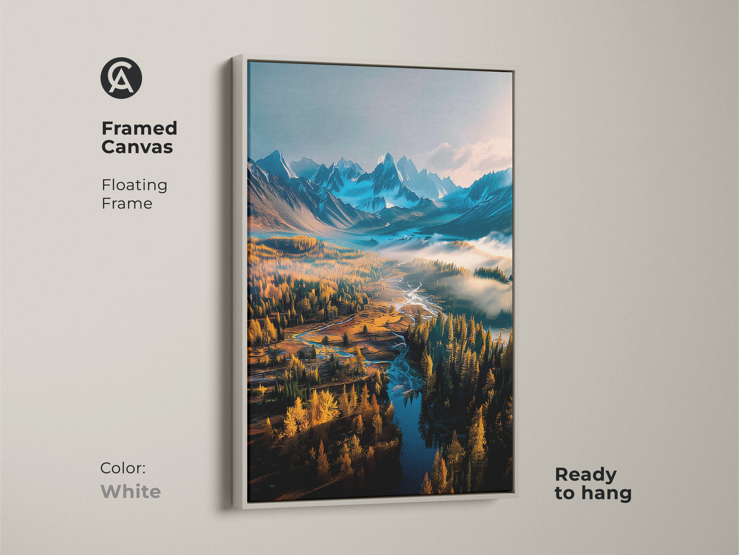 White framed canvas art print showcasing a serene mountain river landscape. The floating frame creates a clean modern look making this artwork ready to hang. Brighten your home with this peaceful scene. Explore our framed canvas art prints for your space