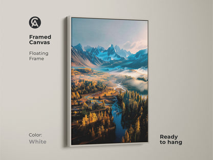 White framed canvas art print showcasing a serene mountain river landscape. The floating frame creates a clean modern look making this artwork ready to hang. Brighten your home with this peaceful scene. Explore our framed canvas art prints for your space