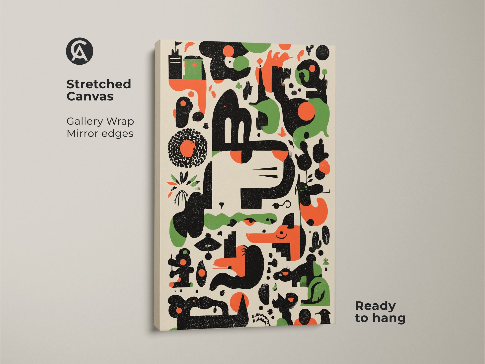 Stretched Canvas Print of Retro Abstract Geometric Wall Art. This Mid-Century Modern art features an Orange Green Black Animal Motif. Ready to hang with gallery wrapped mirror edges. Perfect for office or home decor. A unique housewarming gift.