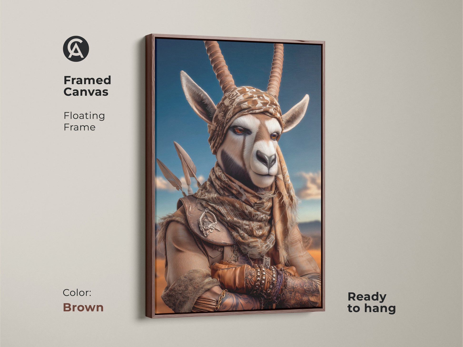 Brown framed canvas art showcasing a spiritual warrior gazelle. This tribal african animal portrait is an eclectic piece. This fantasy animal artwork is ready to hang. It makes a unique housewarming gift.