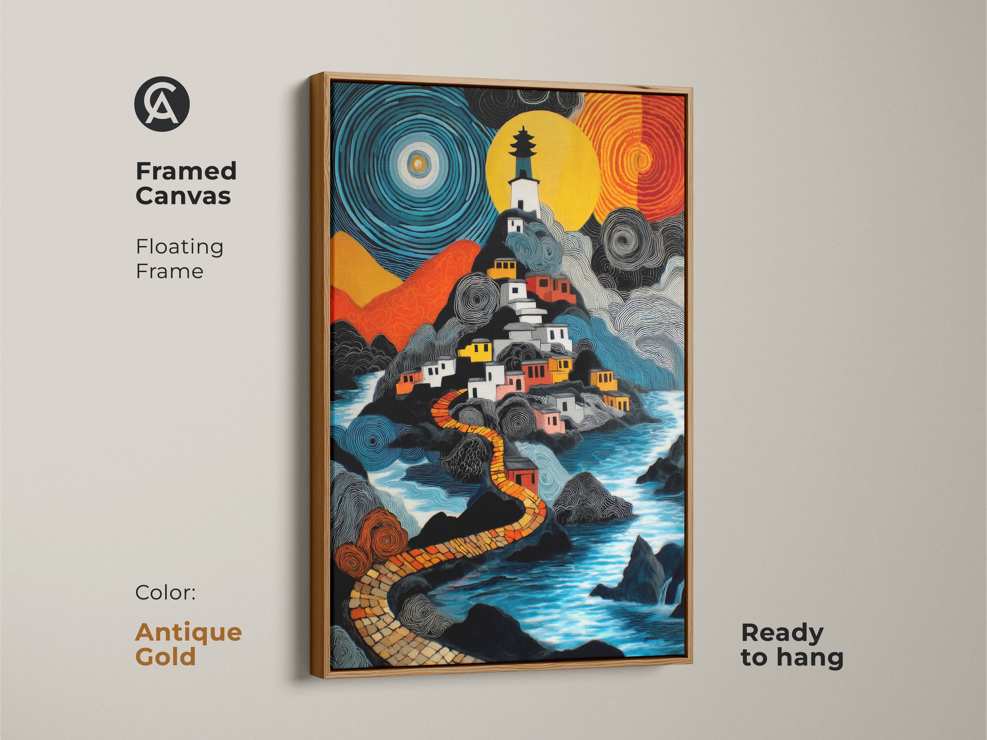 This is a framed canvas with an antique gold floating frame. The artwork shows a naive art lighthouse village and its fantasy landscape in blue yellow and orange colors. This eclectic travel decor art piece is ready to hang on your walls.