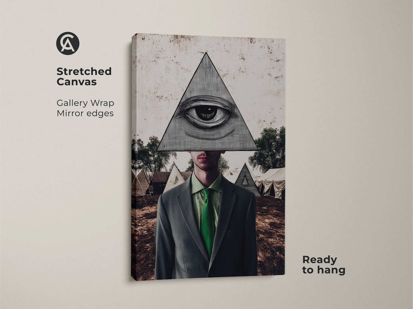 Stretched canvas showcasing surrealist collage art. An all-seeing eye print tops the pyramid man wall art. Perfect symbolic artwork in green hues for eclectic study decor. Ready to hang.