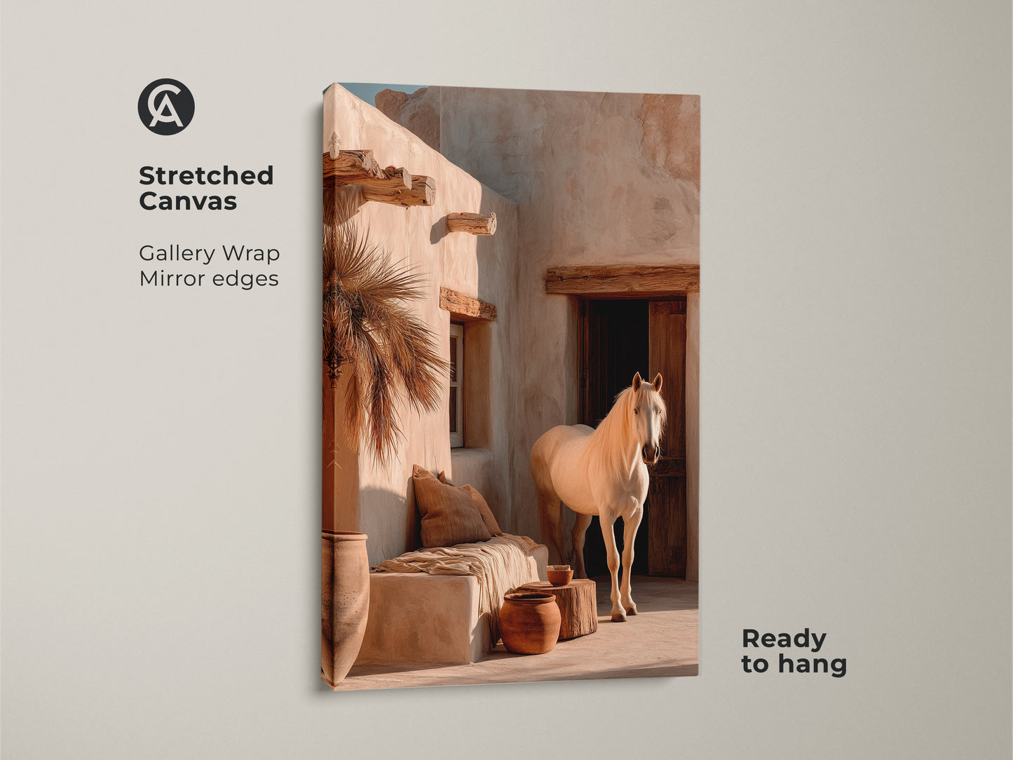 Stretched canvas showcasing a white horse in a desert scene. Gallery wrapped with mirrored edges this boho bedroom wall art is ready to hang. Warm earth tones create a serene atmosphere. A perfect animal lover gift idea that blends seamlessly with neutral decor.