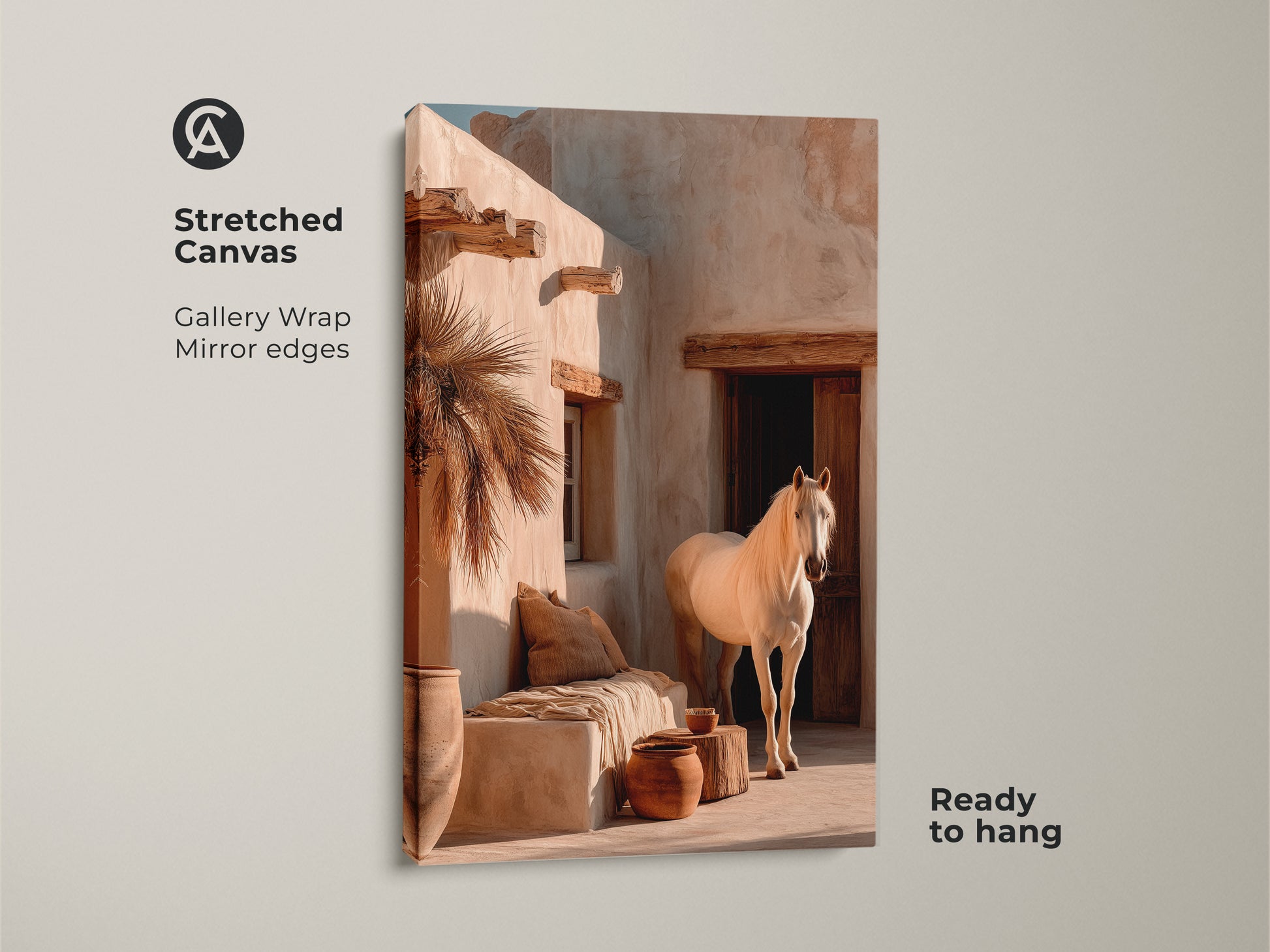 Stretched canvas showcasing a white horse in a desert scene. Gallery wrapped with mirrored edges this boho bedroom wall art is ready to hang. Warm earth tones create a serene atmosphere. A perfect animal lover gift idea that blends seamlessly with neutral decor.