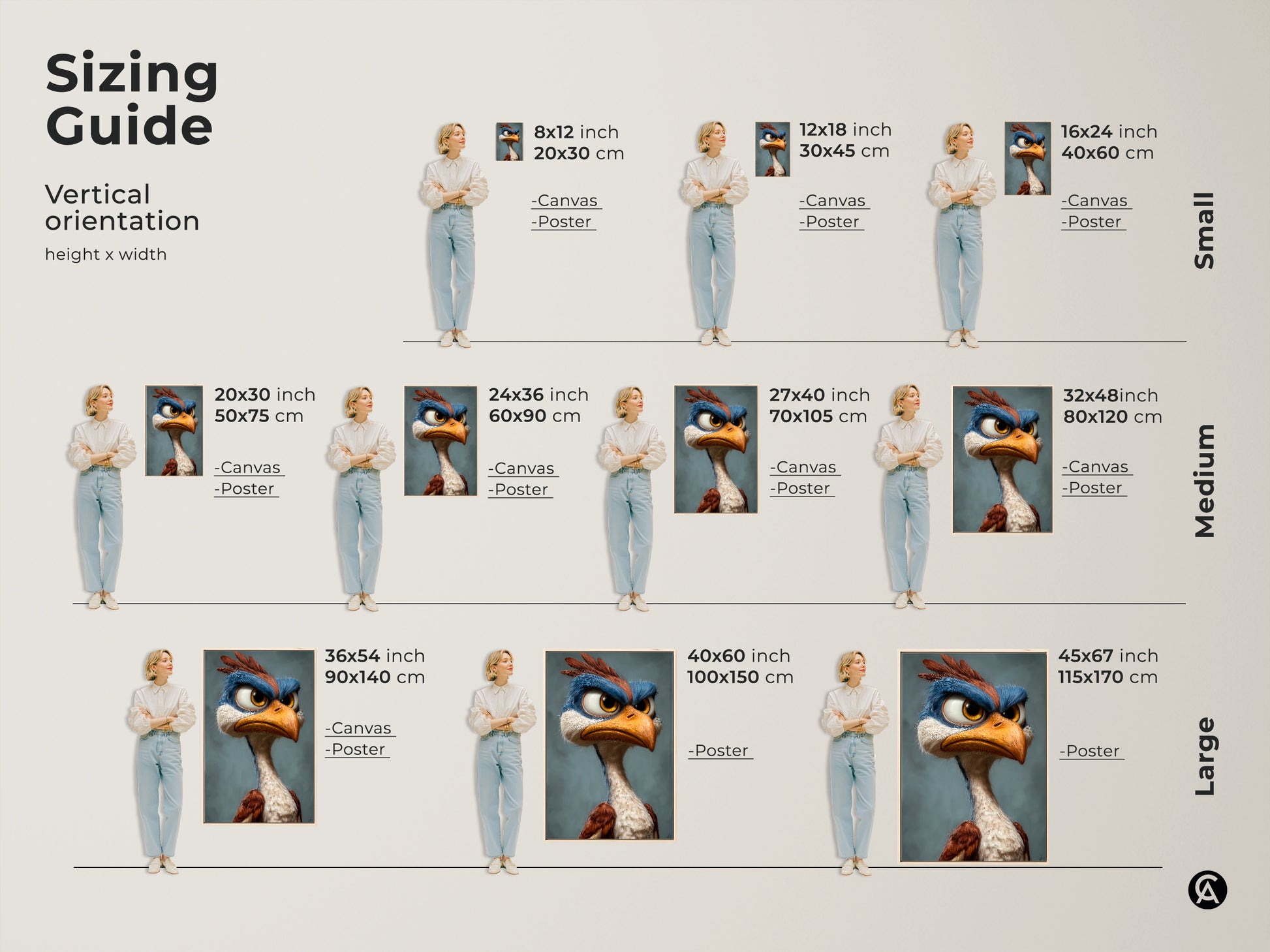 View the sizing guide for cartoon bird art. Find the perfect dimensions for your space. Art is available in vertical orientations. Available in canvas and poster. Enhance your home with unique art.