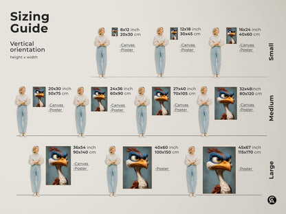 View the sizing guide for cartoon bird art. Find the perfect dimensions for your space. Art is available in vertical orientations. Available in canvas and poster. Enhance your home with unique art.