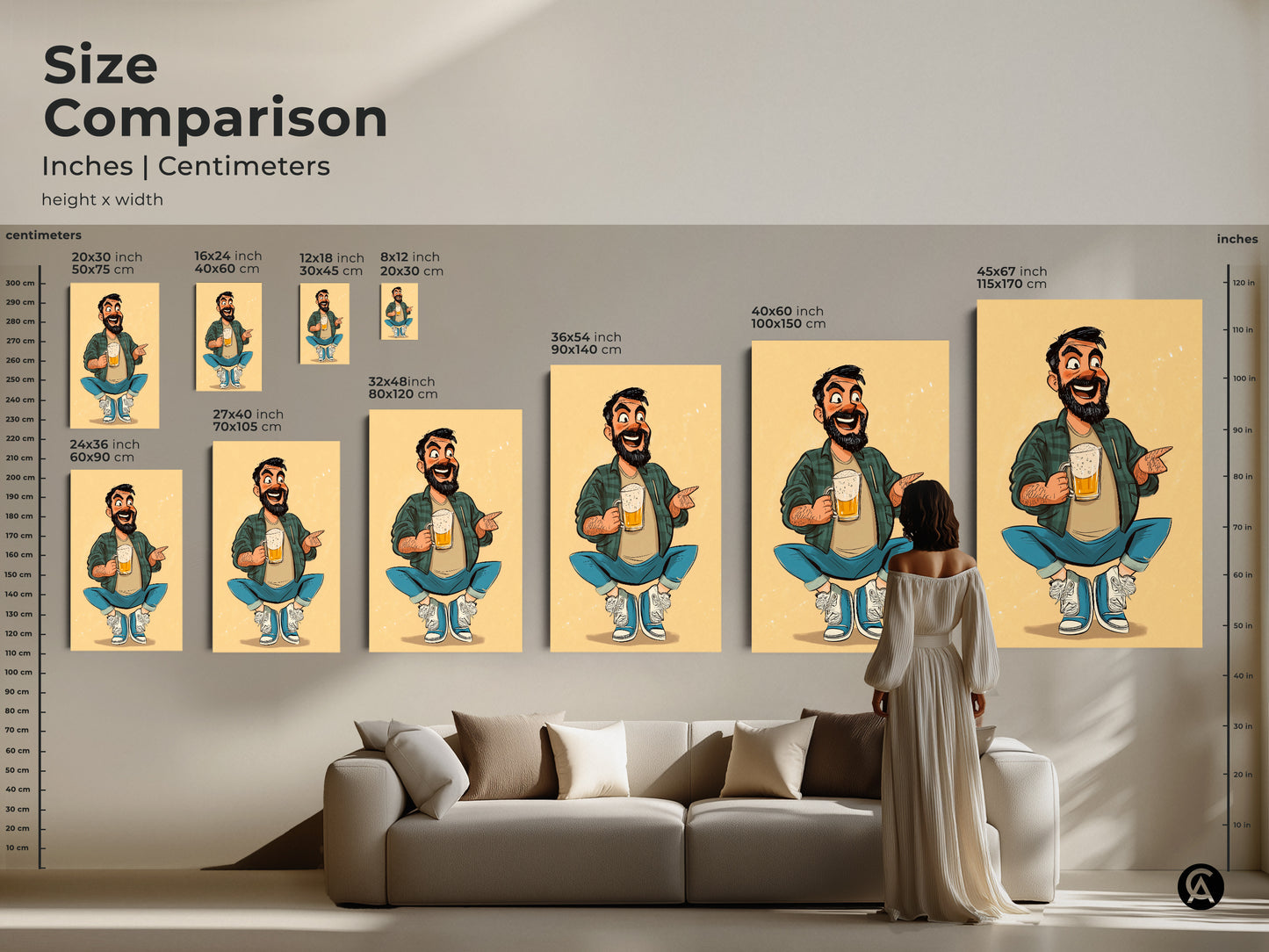 Size comparison of the cartoon man with beer art print in inches and centimeters. See how this funny art fits above a couch or in a man cave. A perfect Father's Day gift that brings humor to any room.