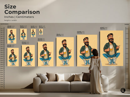 Size comparison of the cartoon man with beer art print in inches and centimeters. See how this funny art fits above a couch or in a man cave. A perfect Father's Day gift that brings humor to any room.