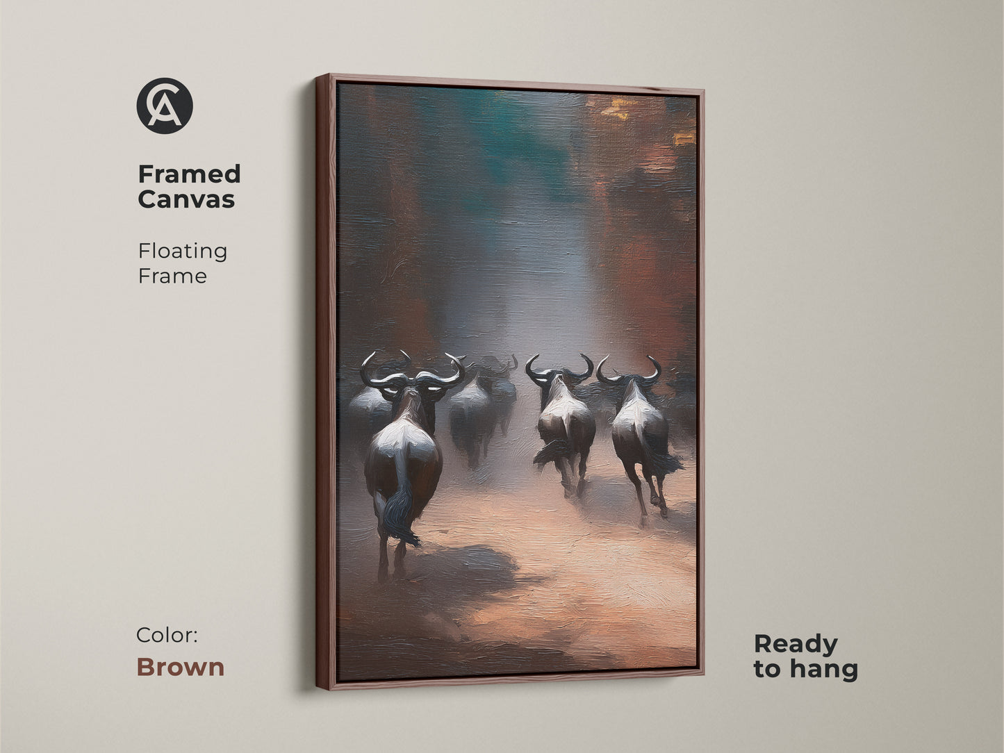 Framed canvas presenting a rustic wildebeest herd artwork. The brown floating frame complements the earth tones. Perfect as rustic bedroom art. It is also ready to hang for easy savanna-inspired decor.