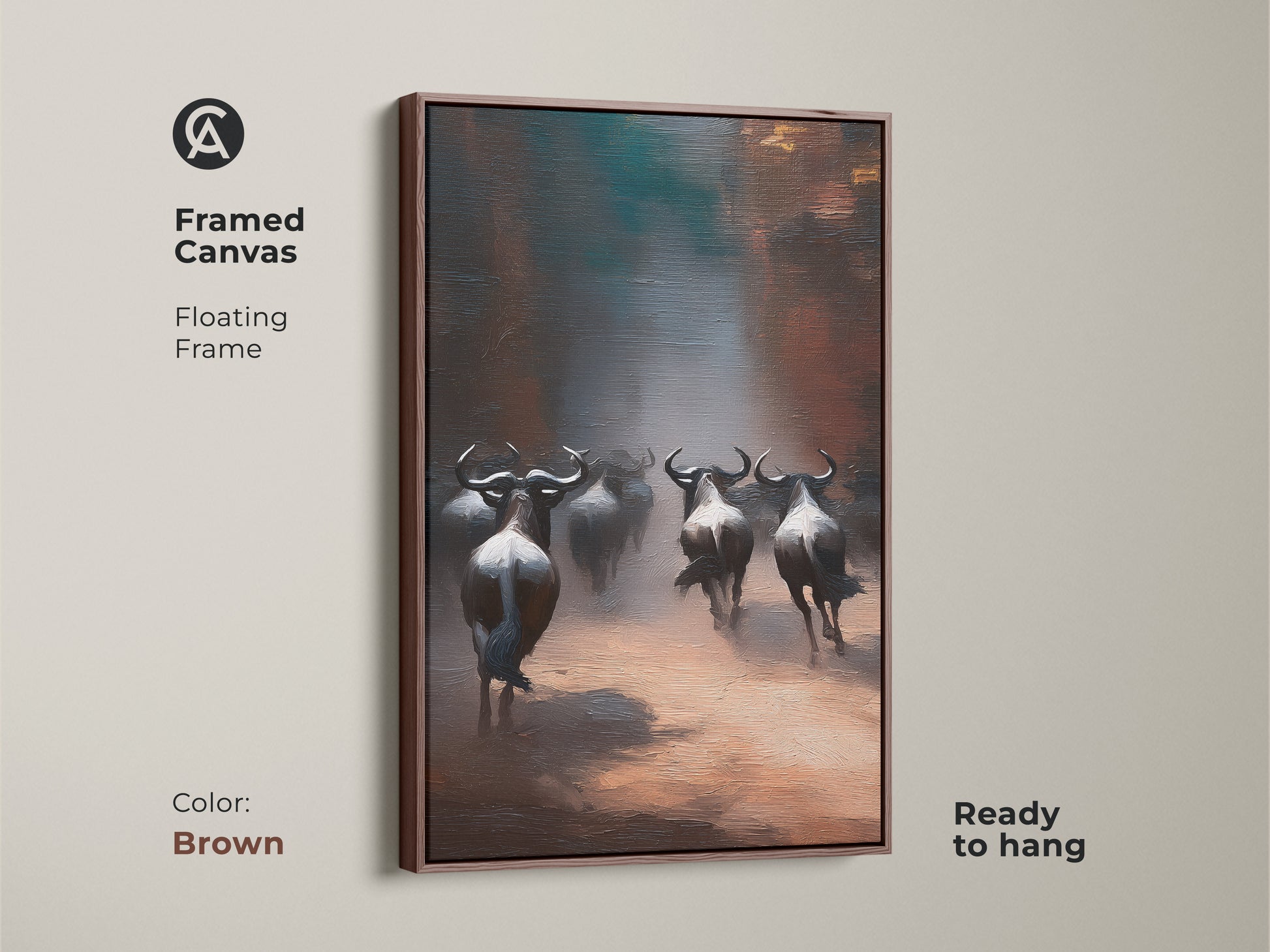 Framed canvas presenting a rustic wildebeest herd artwork. The brown floating frame complements the earth tones. Perfect as rustic bedroom art. It is also ready to hang for easy savanna-inspired decor.