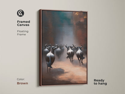 Framed canvas presenting a rustic wildebeest herd artwork. The brown floating frame complements the earth tones. Perfect as rustic bedroom art. It is also ready to hang for easy savanna-inspired decor.