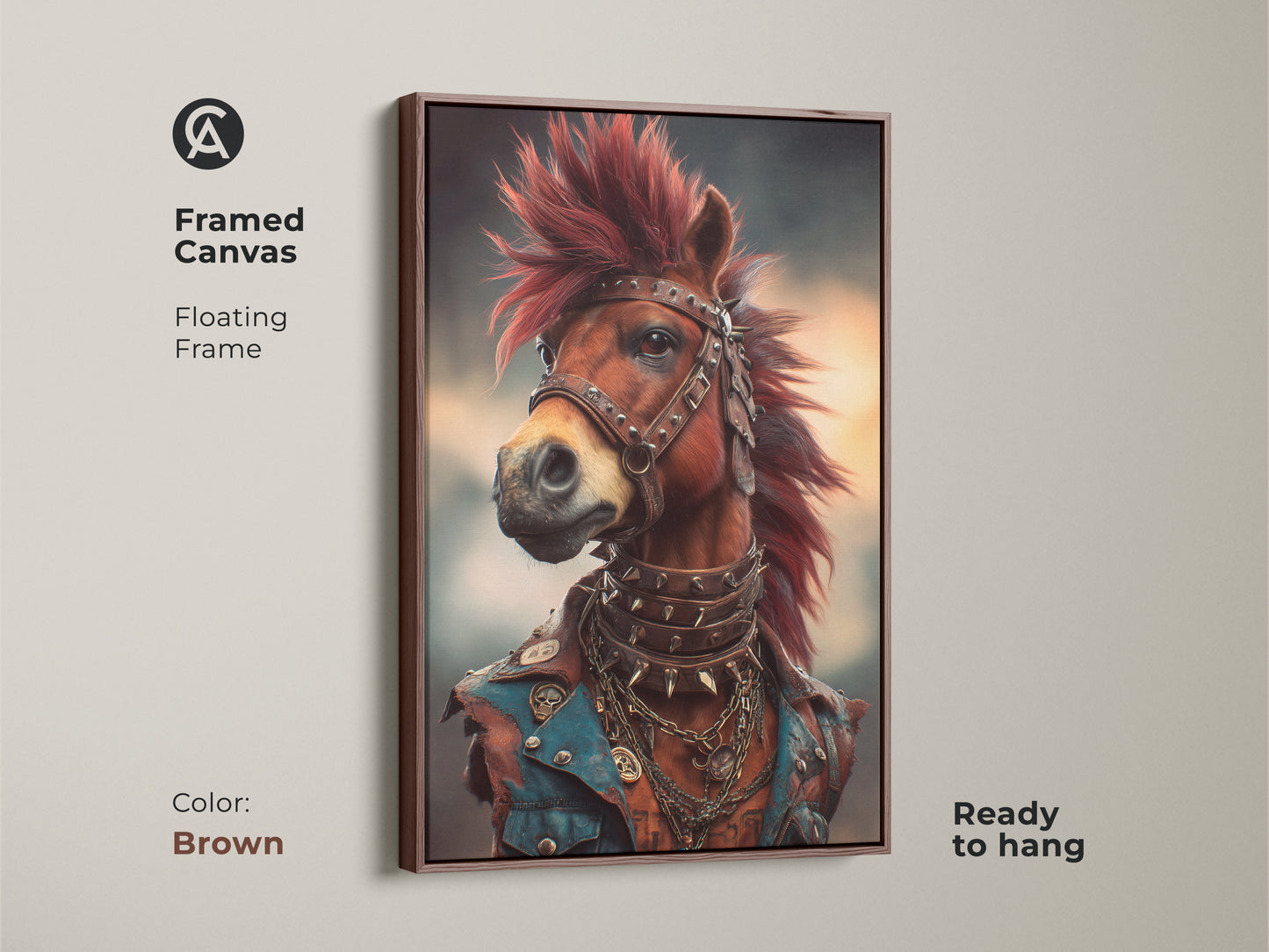 Framed canvas of a studded leather horse art. The punk rock horse is ready to hang. Displaying the brown floating frame. Gothic horse art is great for man cave decor and unique animal art print.