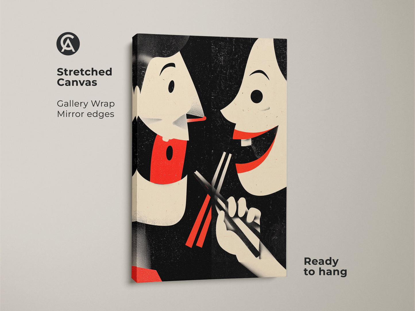 Stretched canvas showcasing retro couple art. This Asian inspired wall art is perfect for the kitchen. This foodie gift features a couple sharing food. Eclectic home decor for retro lovers. The canvas is ready to hang with gallery wrapped mirror edges.