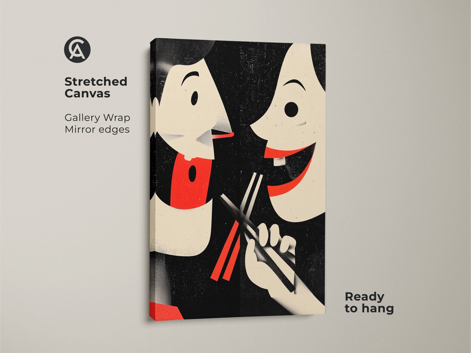 Stretched canvas showcasing retro couple art. This Asian inspired wall art is perfect for the kitchen. This foodie gift features a couple sharing food. Eclectic home decor for retro lovers. The canvas is ready to hang with gallery wrapped mirror edges.