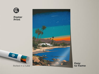 Retro futurism poster print shows a synthwave beach landscape. Palm trees and a coastal house evoke a sense of travel. Easy to frame this artwork adds color to any living space.