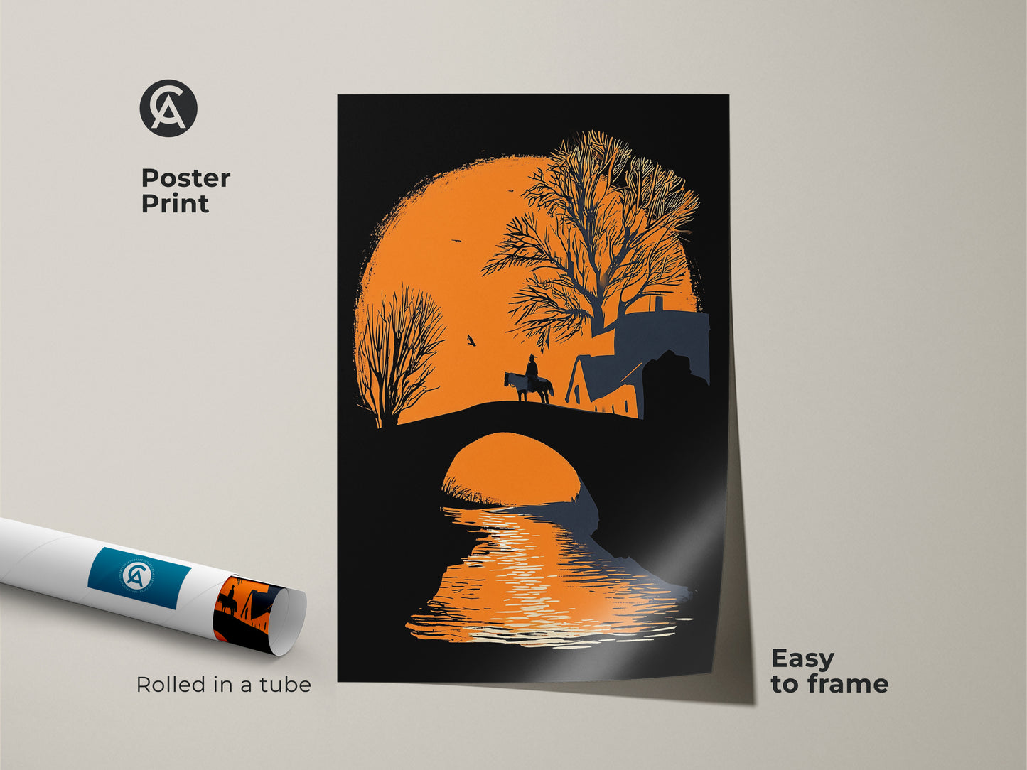 Poster print of a minimalist horse rider crossing a bridge at sunset. This scenic nature wall hanging comes rolled in a tube. It is easy to frame. Featuring a rustic bridge artwork this travel gift wall art evokes a sense of adventure.