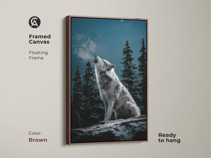Framed canvas with a brown floating frame displaying a wolf howling. The rustic wildlife print enhances any bedroom wall decor. This gray blue animal art is ready to hang. A perfect gift for nature lovers. Captures the wolf spirit animal in a winter forest.