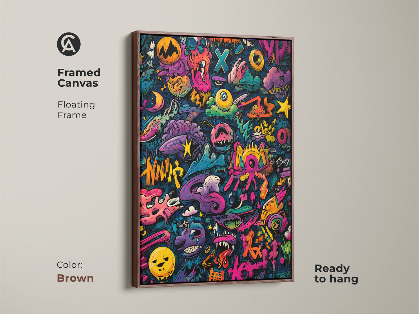 Framed canvas art with a brown floating frame. The colorful graffiti art features a variety of characters and shapes. This ready-to-hang piece is perfect for any room. The brown frame enhances the artwork's unique style. Add color to your space with this fun art.