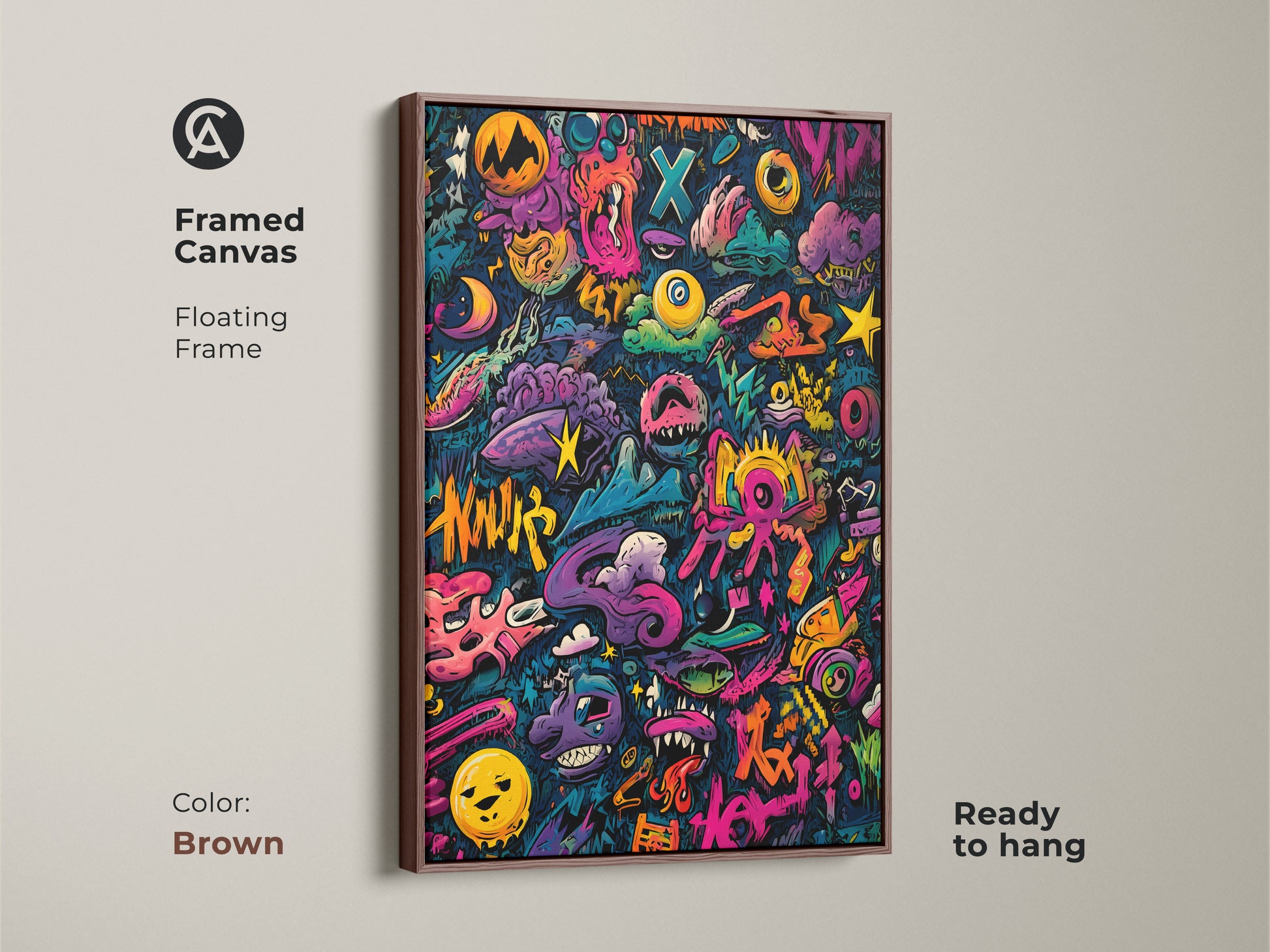 Framed canvas art with a brown floating frame. The colorful graffiti art features a variety of characters and shapes. This ready-to-hang piece is perfect for any room. The brown frame enhances the artwork's unique style. Add color to your space with this fun art.